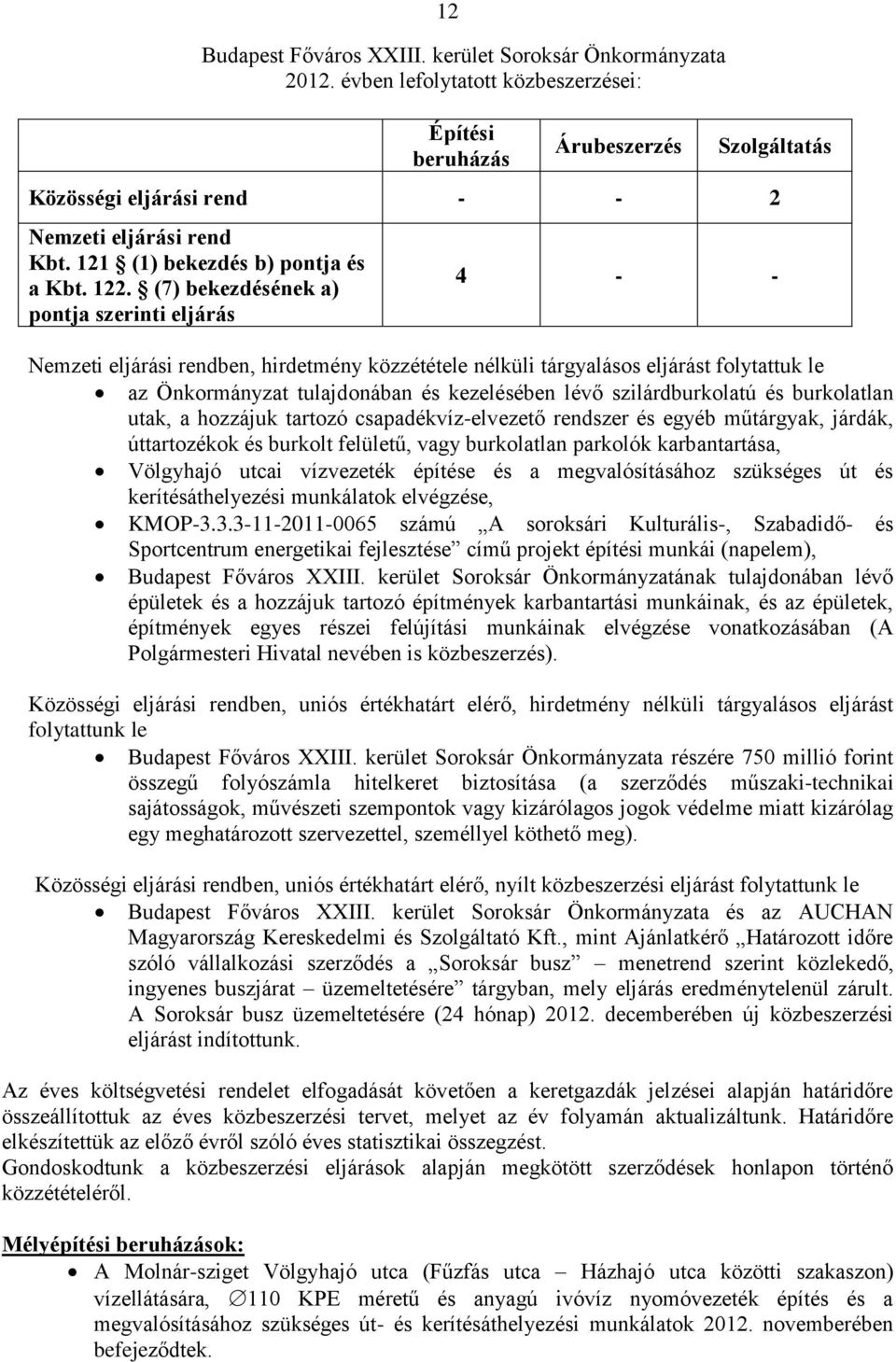 (7) bekezdésének a) pontja szerinti eljárás 4 - - Nemzeti eljárási rendben, hirdetmény közzététele nélküli tárgyalásos eljárást folytattuk le az Önkormányzat tulajdonában és kezelésében lévő