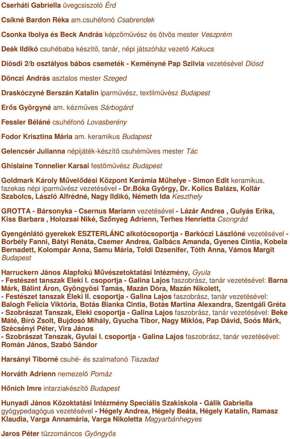 Keményné Pap Szilvia vezetésével Diósd Dönczi András asztalos mester Szeged Draskóczyné Berszán Katalin iparművész, textilművész Budapest Erős Györgyné am.