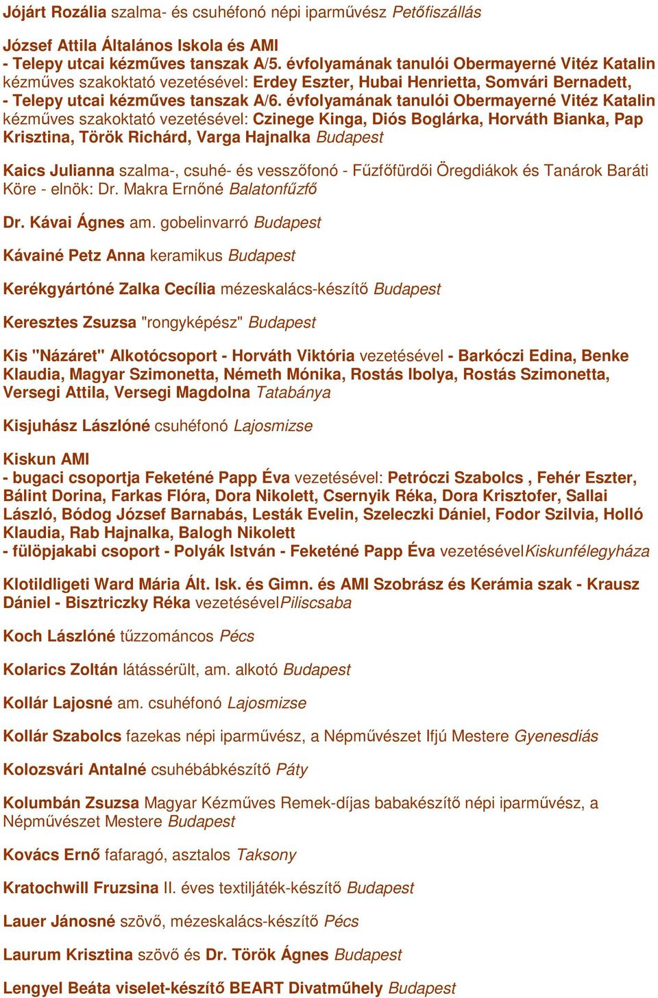 évfolyamának tanulói Obermayerné Vitéz Katalin kézműves szakoktató vezetésével: Czinege Kinga, Diós Boglárka, Horváth Bianka, Pap Krisztina, Török Richárd, Varga Hajnalka Budapest Kaics Julianna