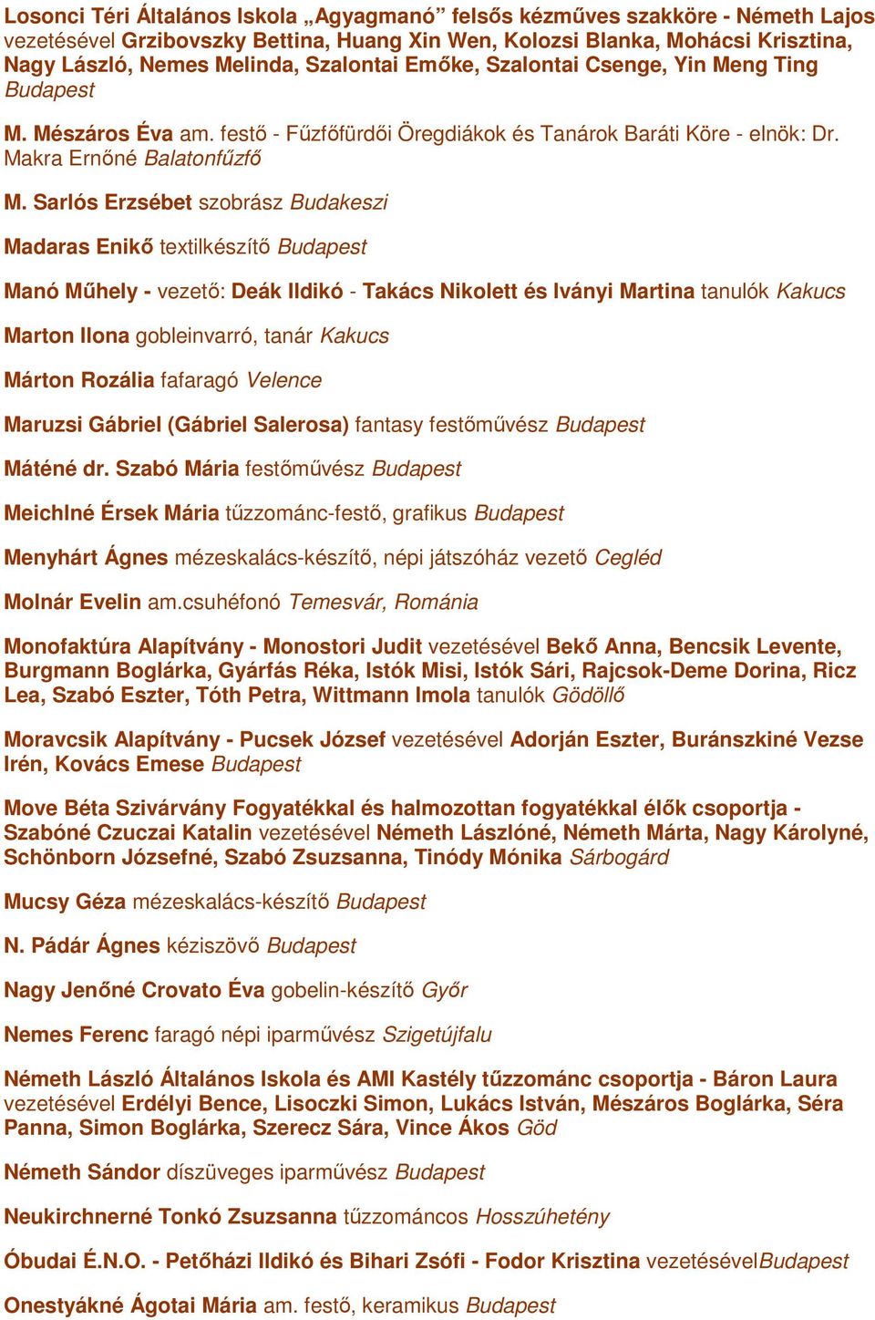 Sarlós Erzsébet szobrász Budakeszi Madaras Enikő textilkészítő Budapest Manó Műhely - vezető: Deák Ildikó - Takács Nikolett és Iványi Martina tanulók Kakucs Marton Ilona gobleinvarró, tanár Kakucs