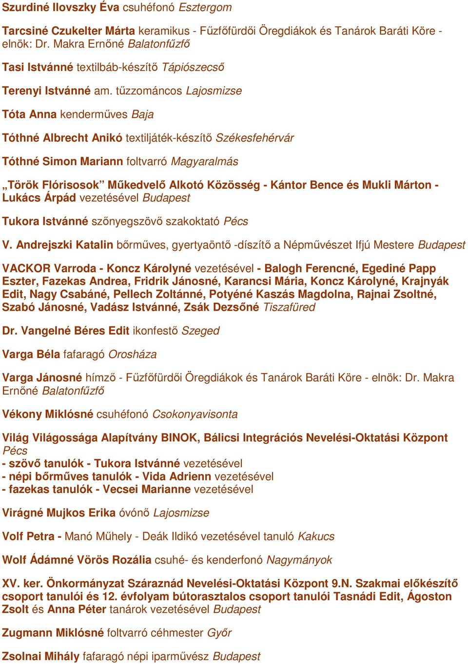tűzzománcos Lajosmizse Tóta Anna kenderműves Baja Tóthné Albrecht Anikó textiljáték-készítő Székesfehérvár Tóthné Simon Mariann foltvarró Magyaralmás Török Flórisosok Műkedvelő Alkotó Közösség -