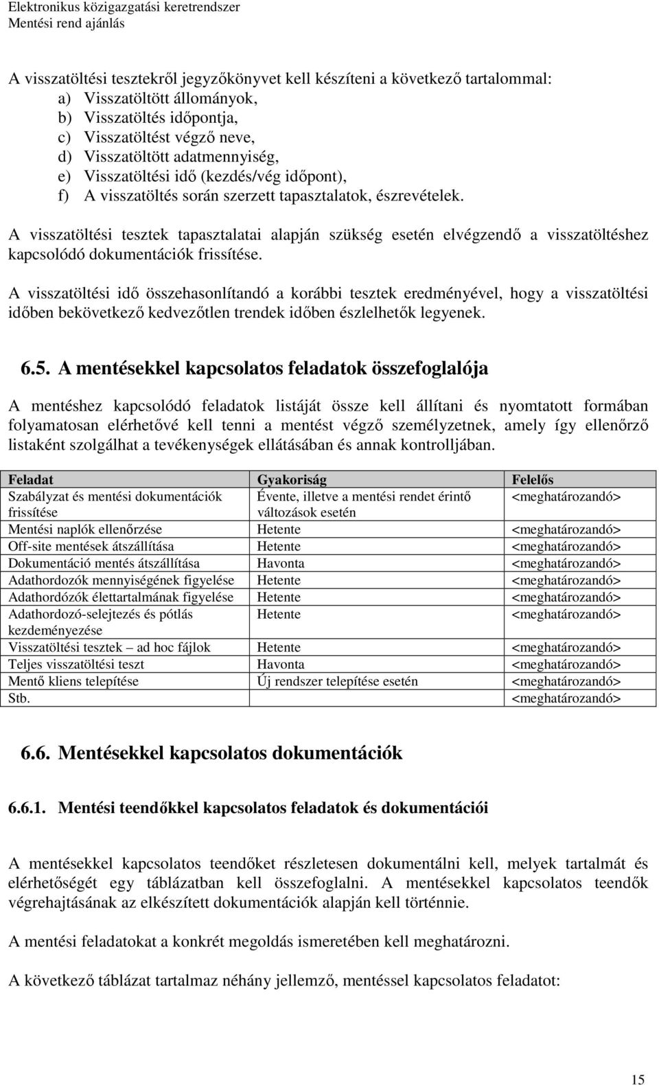 A visszatöltési tesztek tapasztalatai alapján szükség esetén elvégzendı a visszatöltéshez kapcsolódó dokumentációk frissítése.