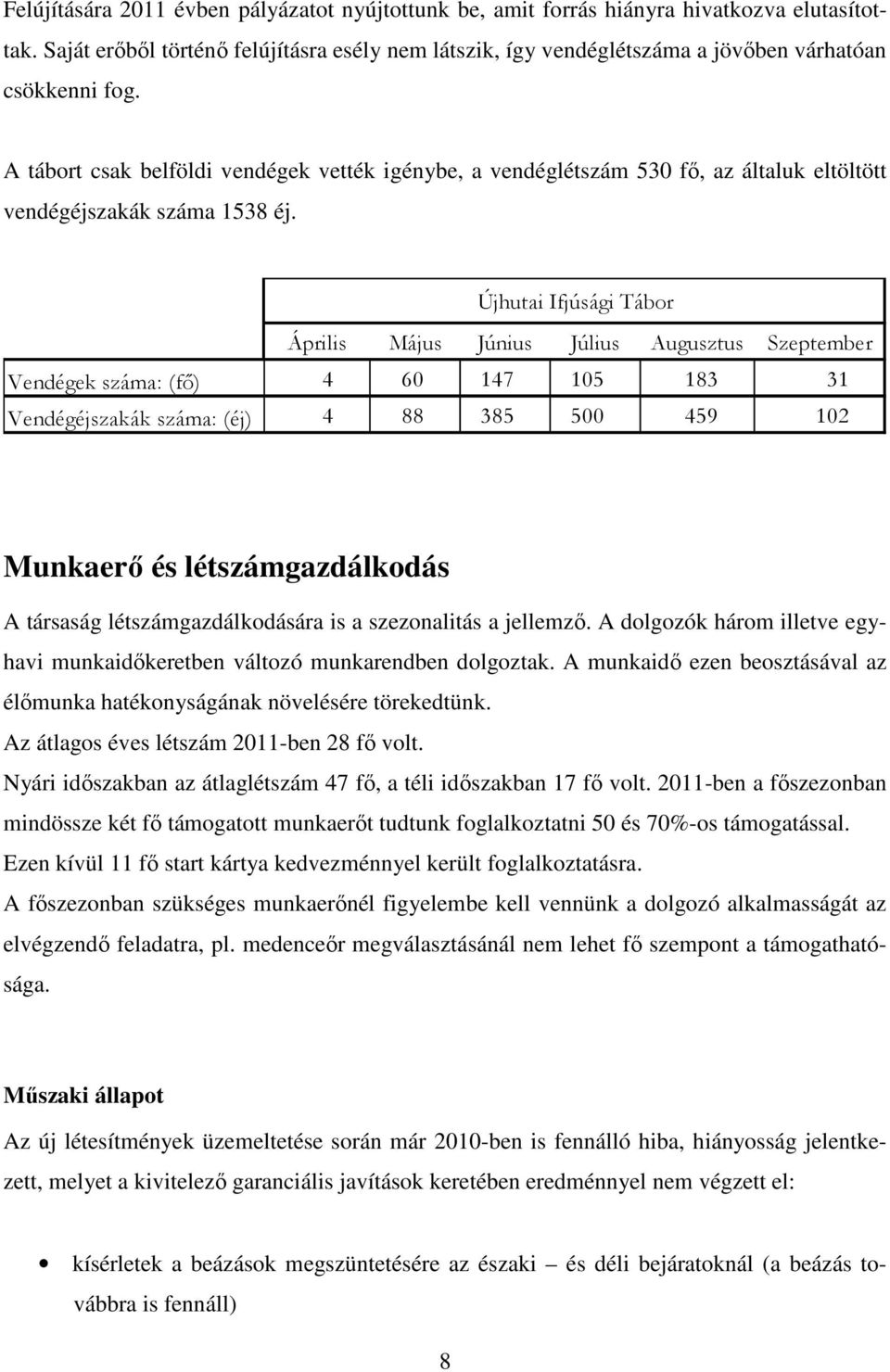 A tábort csak belföldi vendégek vették igénybe, a vendéglétszám 530 fő, az általuk eltöltött vendégéjszakák száma 1538 éj.