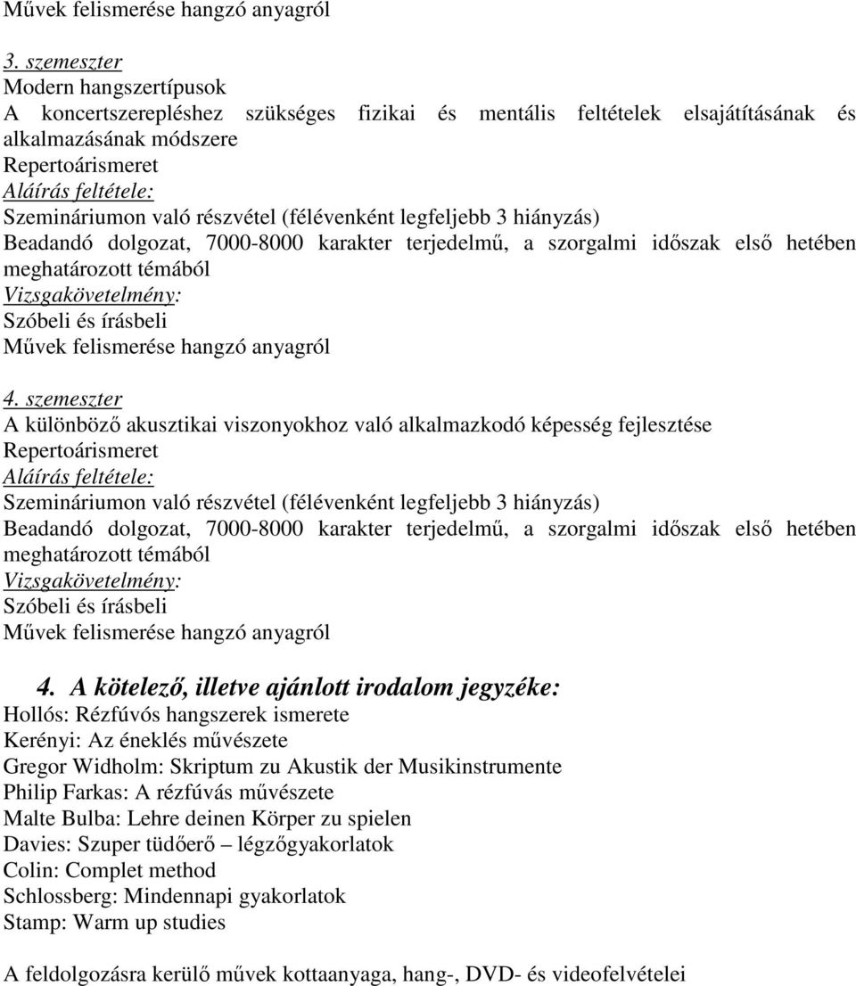 részvétel (félévenként legfeljebb 3 hiányzás) Beadandó dolgozat, 7000-8000 karakter terjedelmő, a szorgalmi idıszak elsı hetében meghatározott témából Vizsgakövetelmény: Szóbeli és írásbeli Mővek