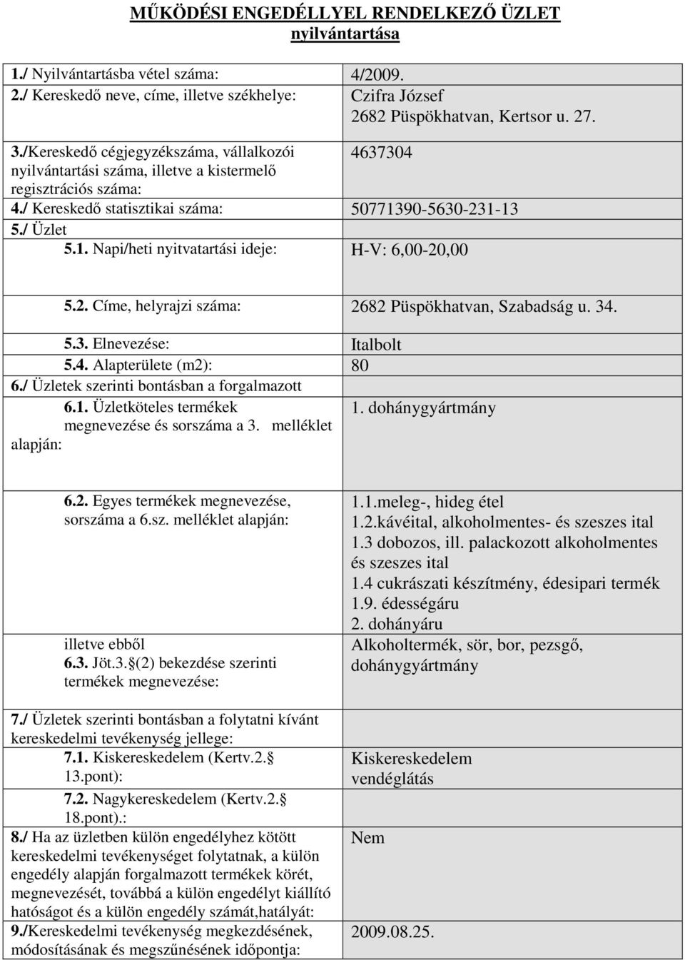 2. Címe, helyrajzi száma: 2682 Püspökhatvan, Szabadság u. 34. 5.3. Elnevezése: Italbolt 5.4. Alapterülete (m2): 80 1. 1.1.meleg-, hideg étel 1.2.kávéital, alkoholmentes- és szeszes ital 1.