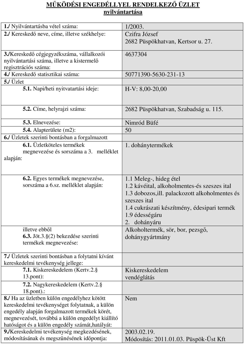 115. 5.3. Elnevezése: Nimród Büfé 5.4. Alapterülete (m2): 50 1. dohánytermékek 1.1 Meleg-, hideg étel 1.2 kávéital, alkoholmentes-és szeszes ital 1.3 dobozos,ill.