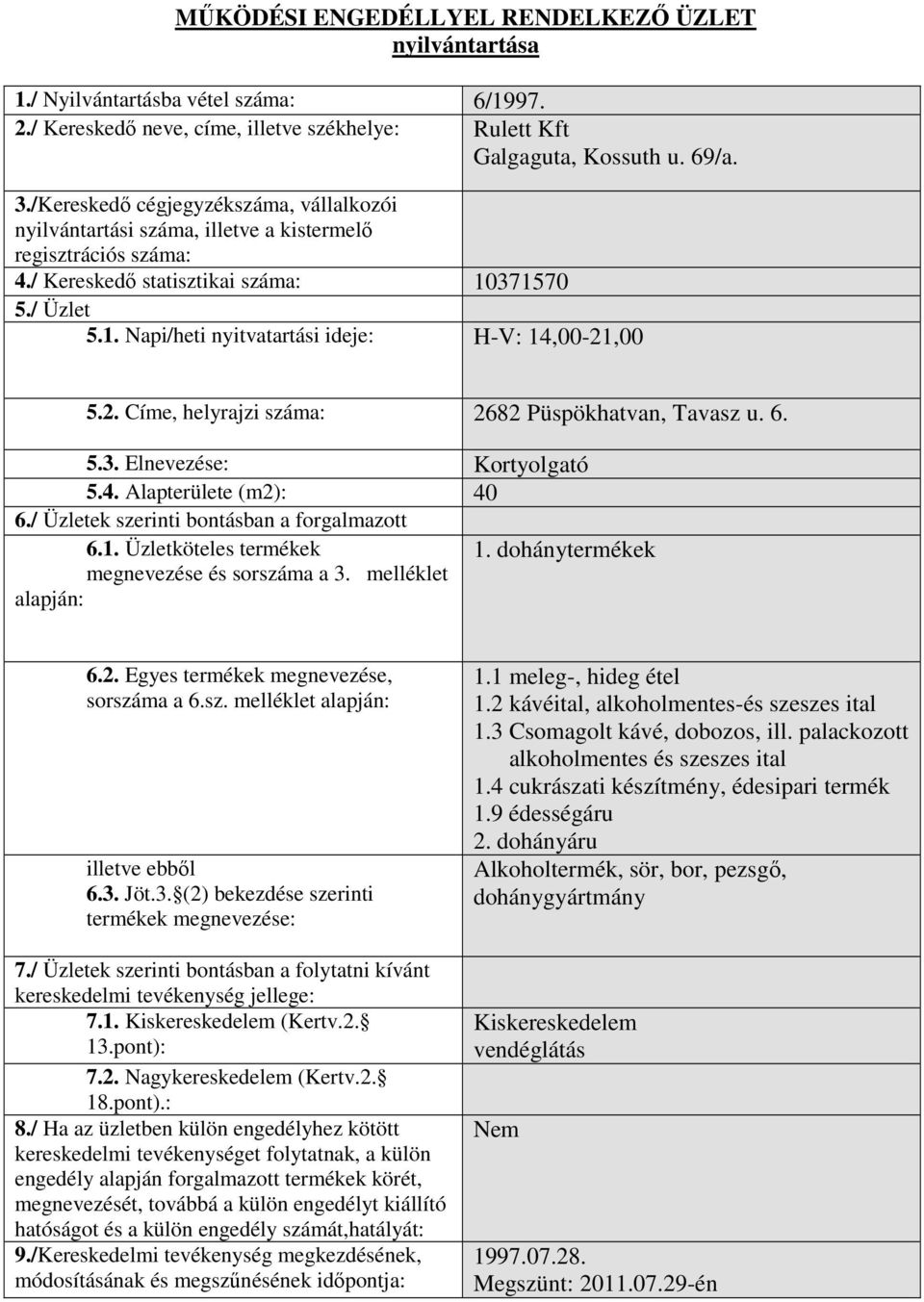 ,00 5.2. Címe, helyrajzi száma: 2682 Püspökhatvan, Tavasz u. 6. 5.3. Elnevezése: Kortyolgató 5.4. Alapterülete (m2): 40 1. dohánytermékek 1.1 meleg-, hideg étel 1.