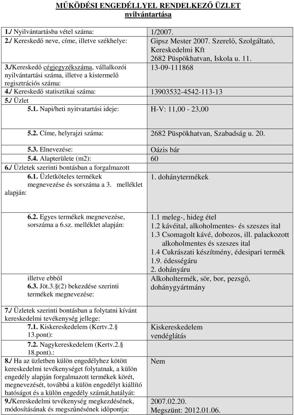 20. 5.3. Elnevezése: Oázis bár 5.4. Alapterülete (m2): 60 1. dohánytermékek 1.1 meleg-, hideg étel 1.2 kávéital, alkoholmentes- és szeszes ital 1.3 Csomagolt kávé, dobozos, ill.