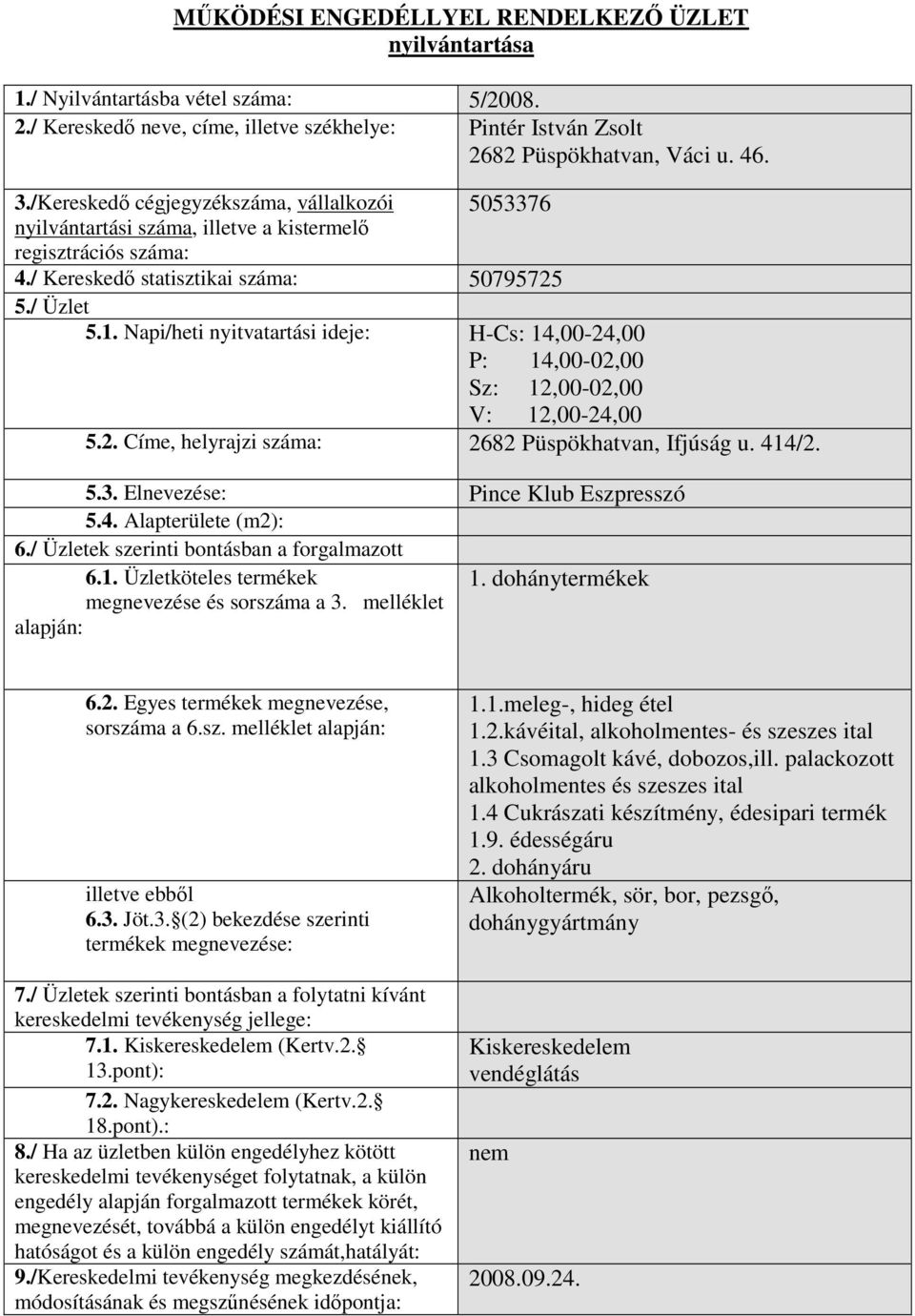 Napi/heti nyitvatartási ideje: H-Cs: 14,00-24,00 P: 14,00-02,00 Sz: 12,00-02,00 V: 12,00-24,00 5.2. Címe, helyrajzi száma: 2682 Püspökhatvan, Ifjúság u. 414/2. 5.3.