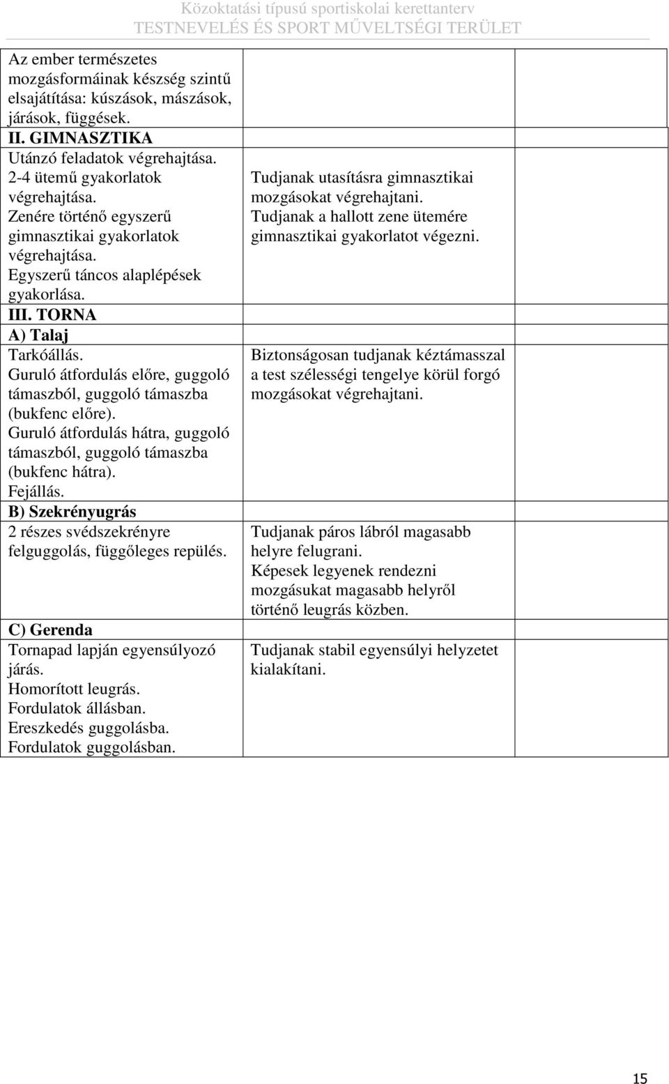 Guruló átfordulás előre, guggoló támaszból, guggoló támaszba (bukfenc előre). Guruló átfordulás hátra, guggoló támaszból, guggoló támaszba (bukfenc hátra). Fejállás.