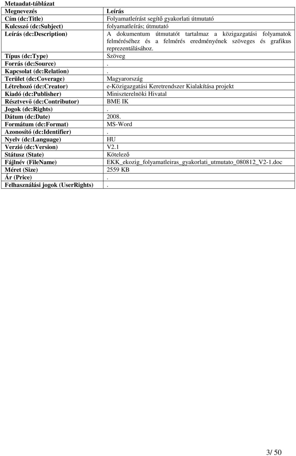 Terület (dc:coverage) Magyarország Létrehozó (dc:creator) e-közigazgatási Keretrendszer Kialakítása projekt Kiadó (dc:publisher) Miniszterelnöki Hivatal Résztvevı (dc:contributor) BME IK Jogok