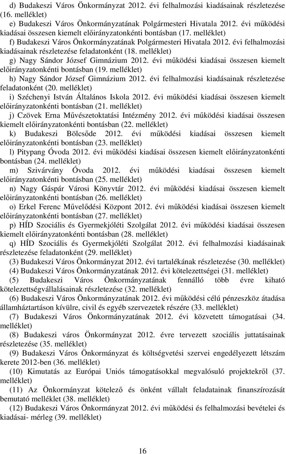 évi felhalmozási kiadásainak részletezése feladatonként (18. melléklet) g) Nagy Sándor József Gimnázium 2012. évi mőködési kiadásai összesen kiemelt elıirányzatonkénti bontásban (19.