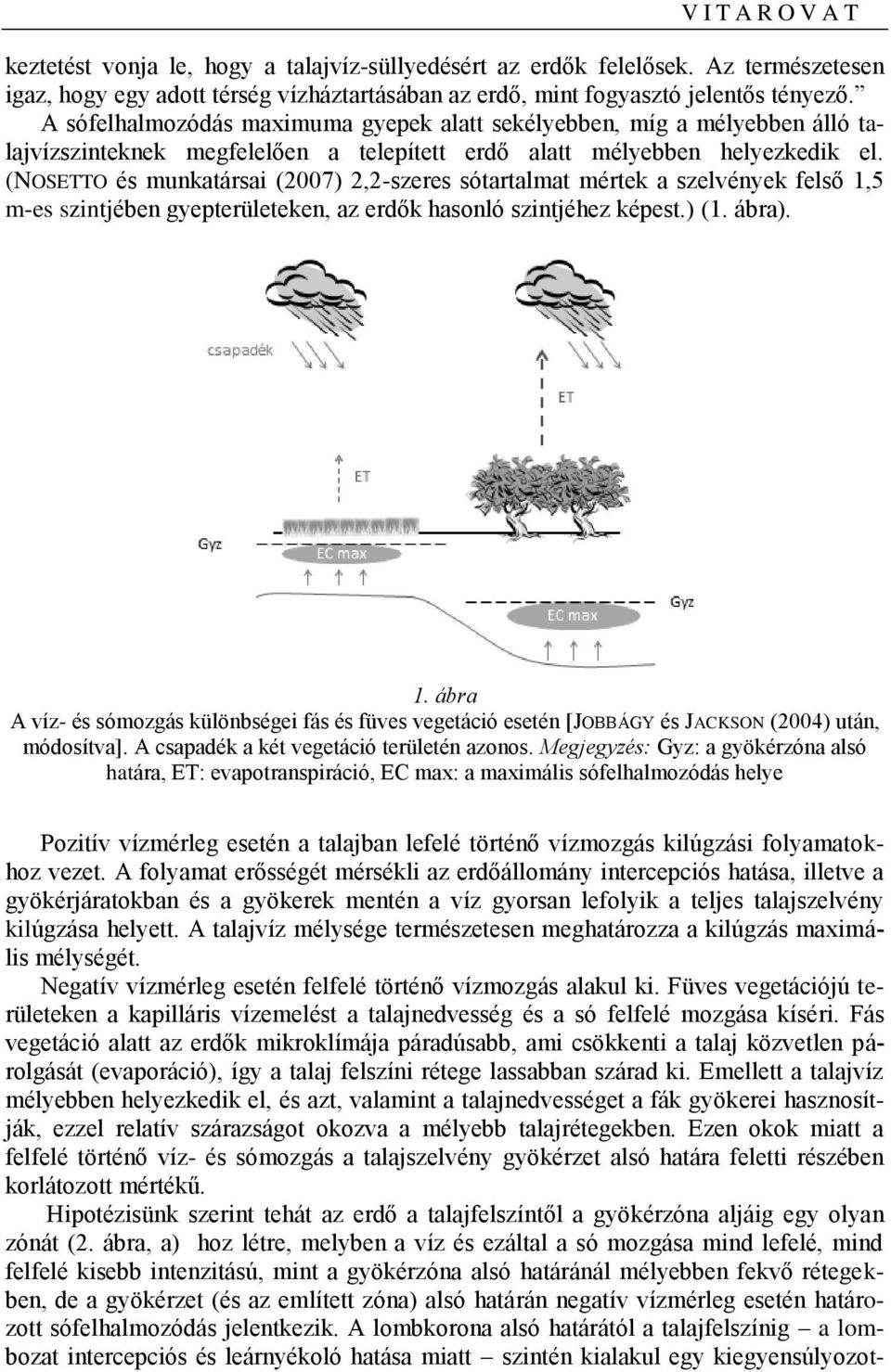 (NOSETTO és munkatársai (2007) 2,2-szeres sótartalmat mértek a szelvények felső 1,5 m-es szintjében gyepterületeken, az erdők hasonló szintjéhez képest.) (1. ábra). 1. ábra A víz- és sómozgás különbségei fás és füves vegetáció esetén [JOBBÁGY és JACKSON (2004) után, módosítva].