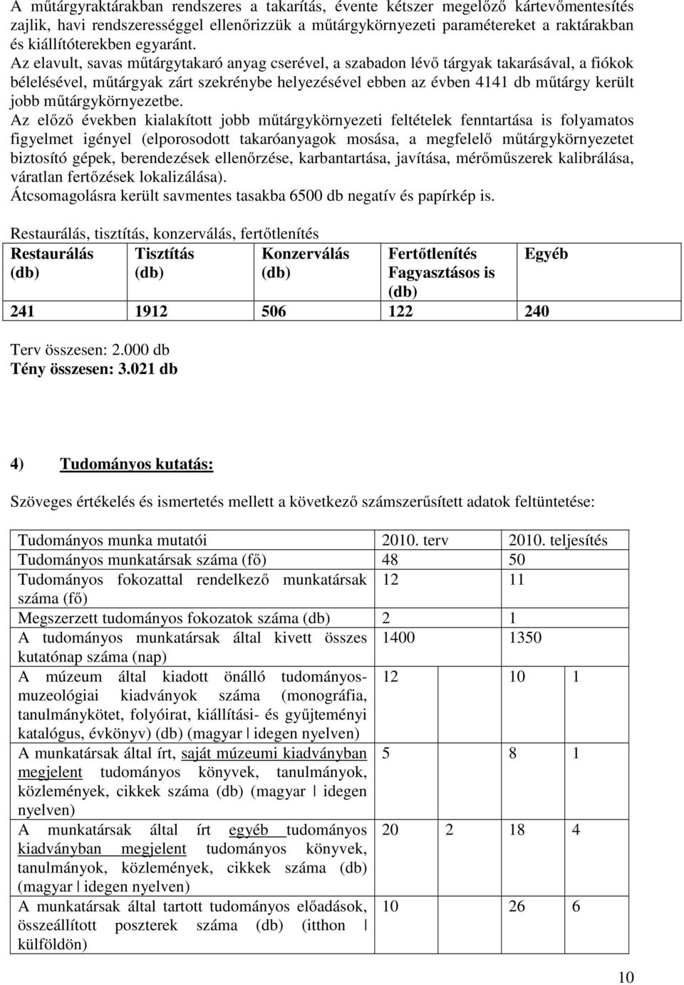 Az elavult, savas műtárgytakaró anyag cserével, a szabadon lévő tárgyak takarásával, a fiókok bélelésével, műtárgyak zárt szekrénybe helyezésével ebben az évben 4141 db műtárgy került jobb