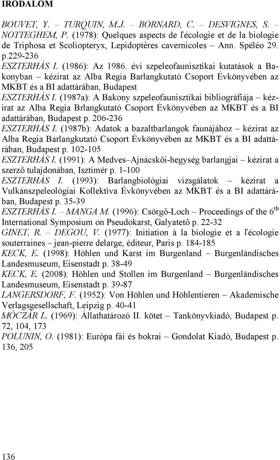 (1987a): A Bakony szpeleofaunisztikai bibliográfiája kézirat az Alba Regia Brlangkutató Csoport Évkönyvében az MKBT és a BI adattárában, Budapest p. 206-236 ESZTERHÁS I.