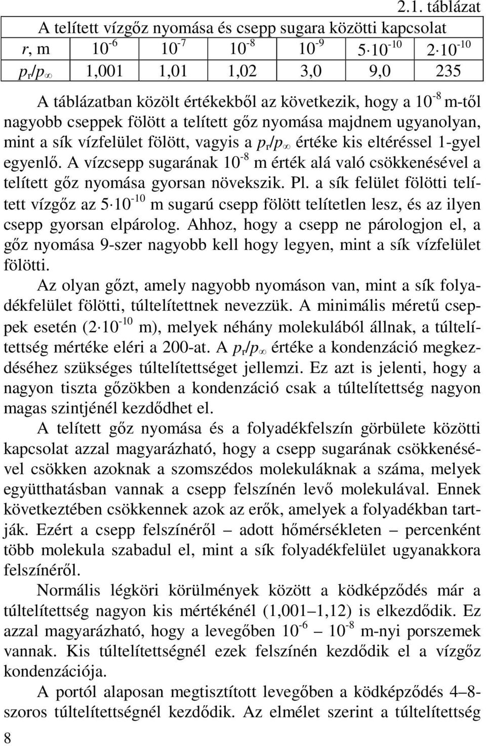 10-8 m-tıl nagyobb cseppek fölött a telített gız nyomása majdnem ugyanolyan, mint a sík vízfelület fölött, vagyis a p r /p értéke kis eltéréssel 1-gyel egyenlı.