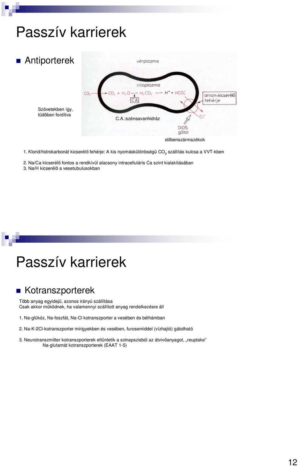 Na/H kicserélő a vesetubulusokban Passzív karrierek Kotranszporterek Több anyag egyidejű, azonos irányú szállítása Csak akkor működnek, ha valamennyi szállított anyag rendelkezésre áll 1.