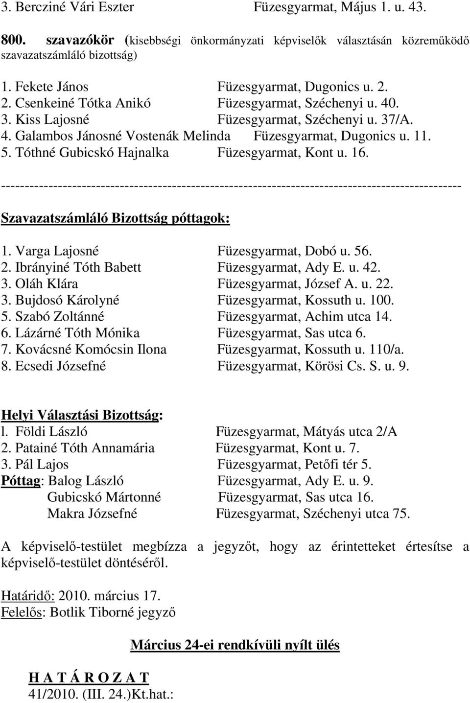 Tóthné Gubicskó Hajnalka Füzesgyarmat, Kont u. 16. ------------------------------------------------------------------------------------------------- Szavazatszámláló Bizottság póttagok: 1.