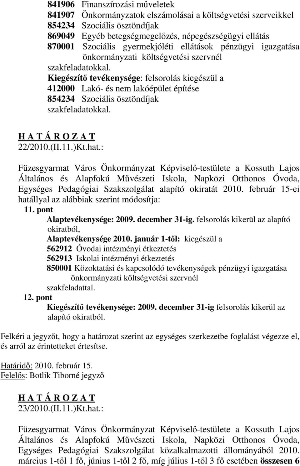 Kiegészítő tevékenysége: felsorolás kiegészül a 412000 Lakó- és nem lakóépület építése 854234 Szociális ösztöndíjak szakfeladatokkal. 22/2010.(II.11.)Kt.hat.