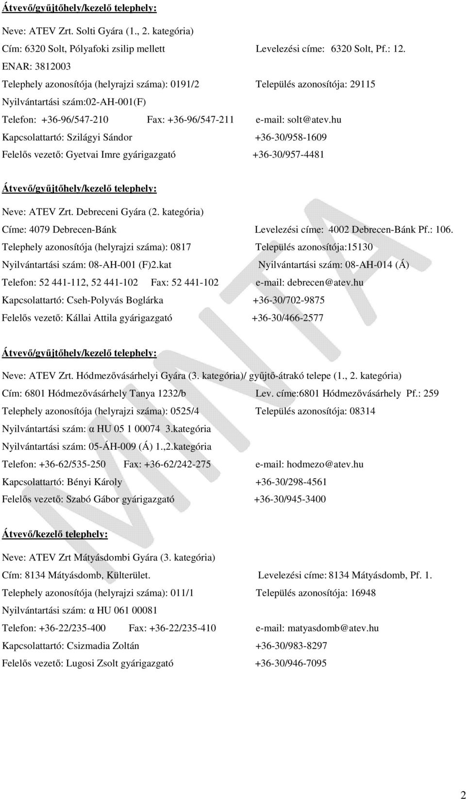 hu Kapcsolattartó: Szilágyi Sándor +36-30/958-1609 Felelős vezető: Gyetvai Imre gyárigazgató +36-30/957-4481 Átvevő/gyűjtőhely/kezelő telephely: Neve: ATEV Zrt. Debreceni Gyára (2.