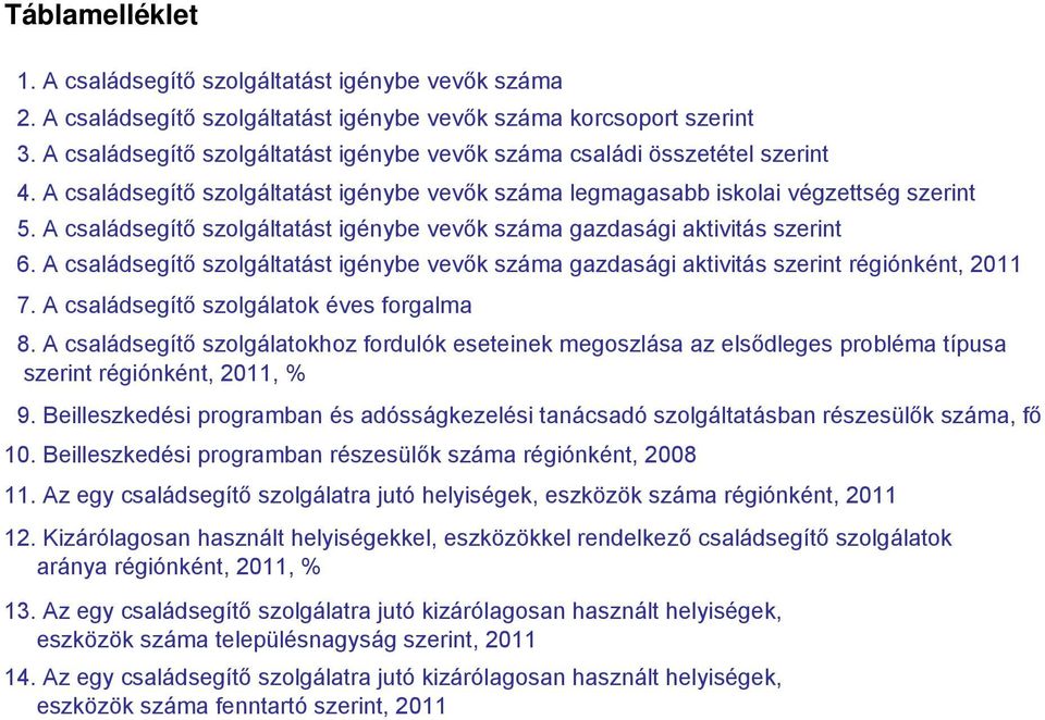 A családsegítő szolgáltatást igénybe vevők száma gazdasági aktivitás szerint 6. A családsegítő szolgáltatást igénybe vevők száma gazdasági aktivitás szerint régiónként, 2011 7.