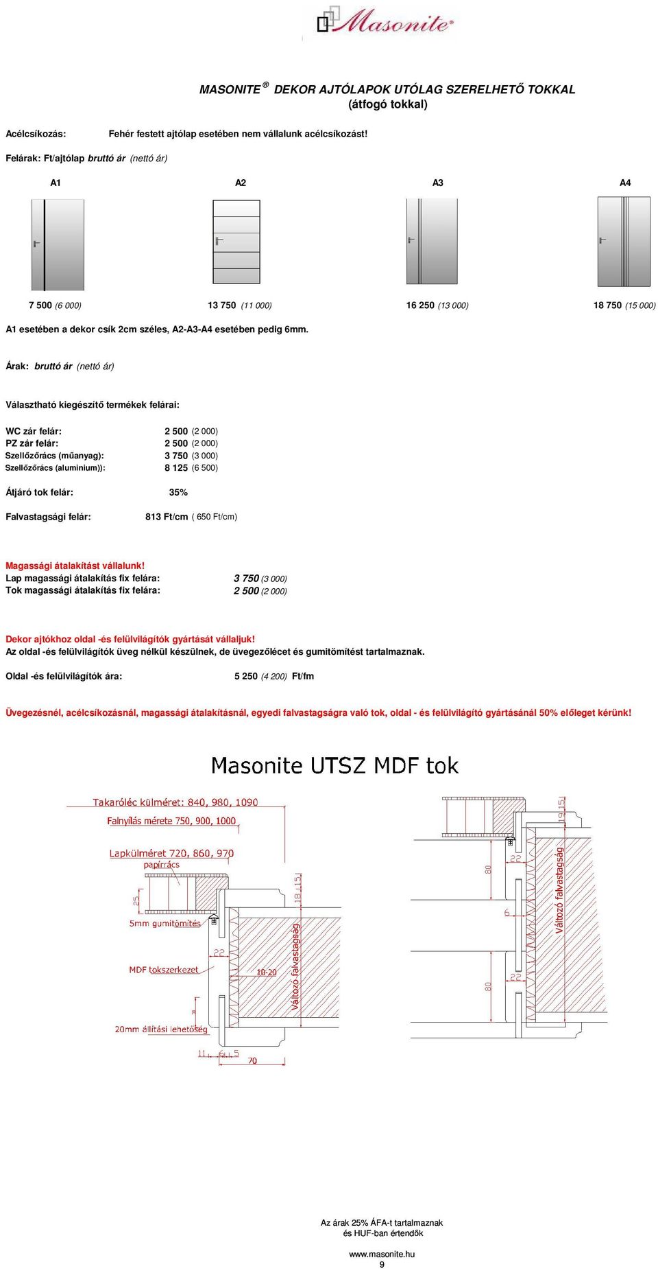 Választható kiegészítı termékek felárai: WC zár felár: 2 500 (2 000) PZ zár felár: 2 500 (2 000) Szellızırács (mőanyag): 3 750 (3 000) Szellızırács (aluminium)): 8 125 (6 500) Átjáró tok felár: 35%