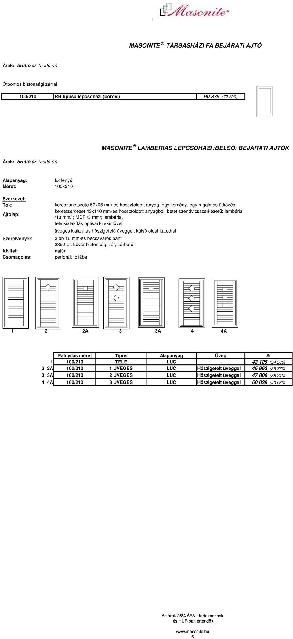 betét szendvicsszerkezető: lambéria /13 mm/ ; MDF /3 mm/; lambéria, tele kialakítás optikai kitekintıvel üveges kialakítás hıszigetelı üveggel, külsı oldal katedrál 3 db 16 mm-es becsavarós pánt