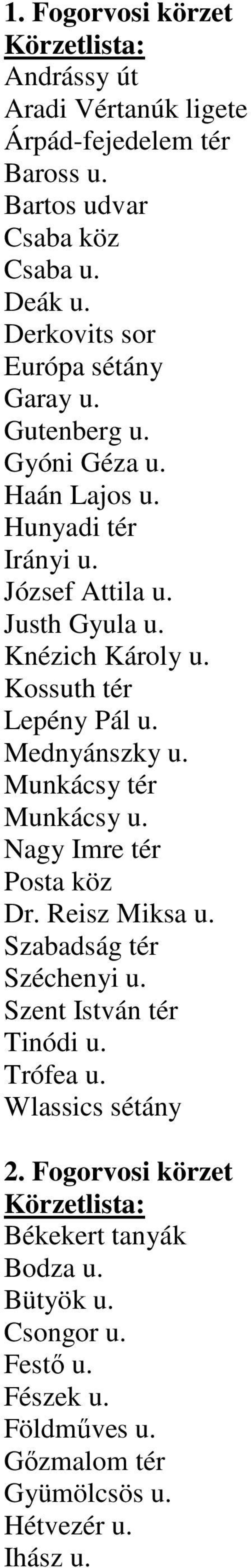 Kossuth tér Lepény Pál u. Mednyánszky u. Munkácsy tér Munkácsy u. Nagy Imre tér Posta köz Dr. Reisz Miksa u. Szabadság tér Széchenyi u.