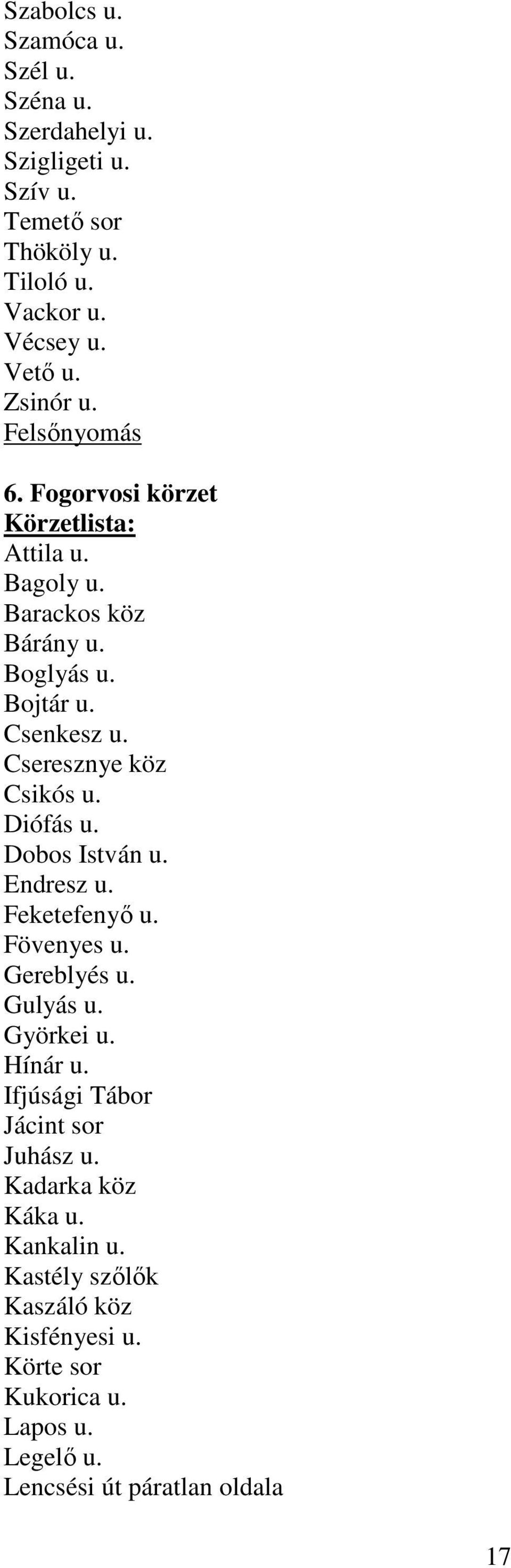 Cseresznye köz Csikós u. Diófás u. Dobos István u. Endresz u. Feketefenyı u. Fövenyes u. Gereblyés u. Gulyás u. Györkei u. Hínár u.