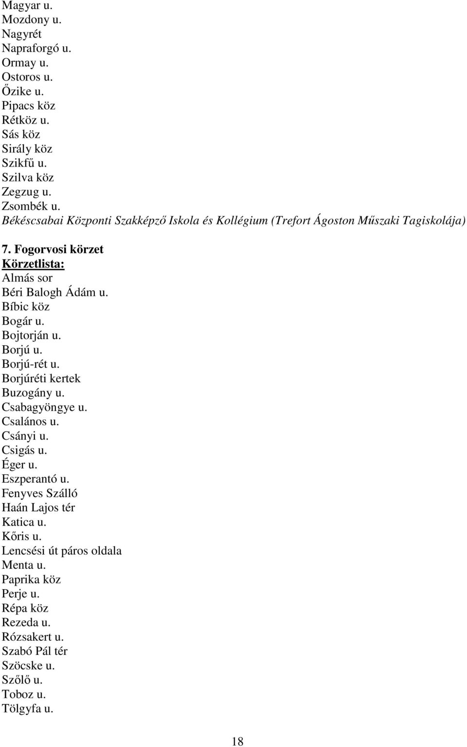 Bíbic köz Bogár u. Bojtorján u. Borjú u. Borjú-rét u. Borjúréti kertek Buzogány u. Csabagyöngye u. Csalános u. Csányi u. Csigás u. Éger u. Eszperantó u.