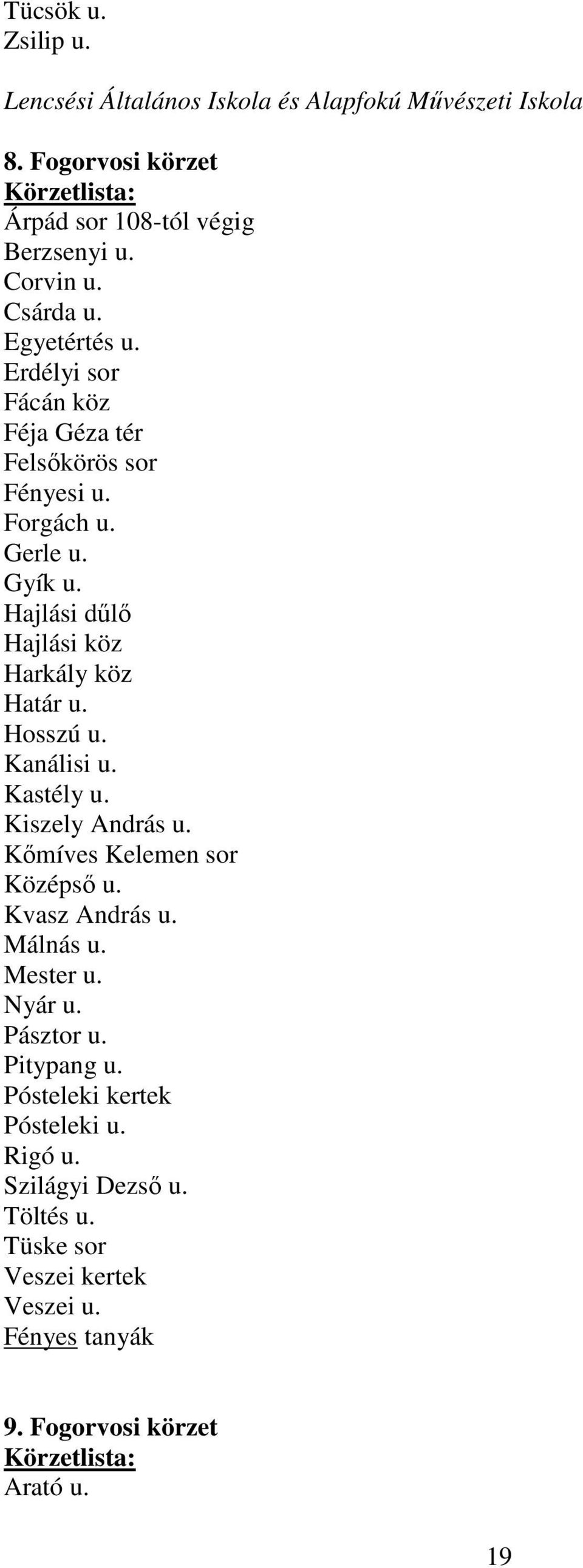 Hajlási dőlı Hajlási köz Harkály köz Határ u. Hosszú u. Kanálisi u. Kastély u. Kiszely András u. Kımíves Kelemen sor Középsı u. Kvasz András u. Málnás u.