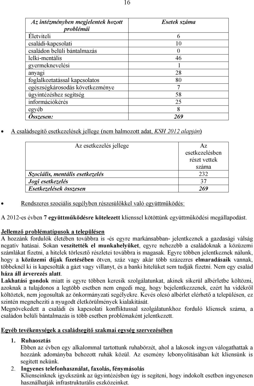 esetkezelés jellege Az esetkezelésben részt vettek száma Szociális, mentális esetkezelés 232 Jogi esetkezelés 37 Esetkezelések összesen 269 Rendszeres szociális segélyben részesülőkkel való