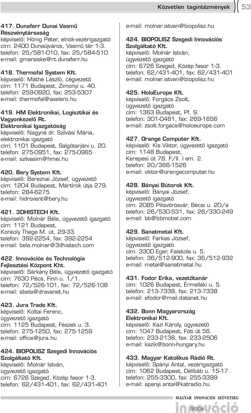 telefon: 259-0920, fax: 253-5307 e-mail: thermofal@axelero.hu 419. HM Elektronikai, Logisztikai és Vagyonkezelő Rt. Elektronikai Igazgatóság képviselő: Nagyné dr.