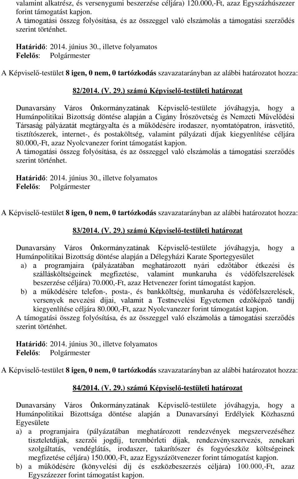 írásvetítő, tisztítószerek, internet-, és postaköltség, valamint pályázati díjak kiegyenlítése céljára 80.000,-Ft, azaz Nyolcvanezer forint 83/2014. (V. 29.