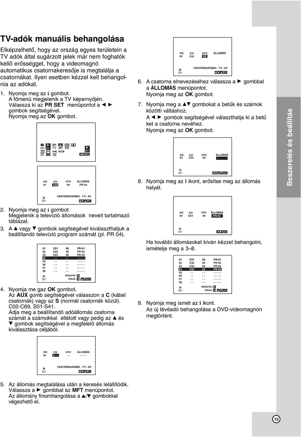 Nyomja meg az OK gombot. fosd ON OFF 1 2 Pr-12 ACMS SET SYS PR CH KFH 01 C03 00 PR-03 PR CH KFH 04 C04 00 6. A csatorna elnevezéséhez válassza a G gombbal a ÁLLOMÁS menüpontot.