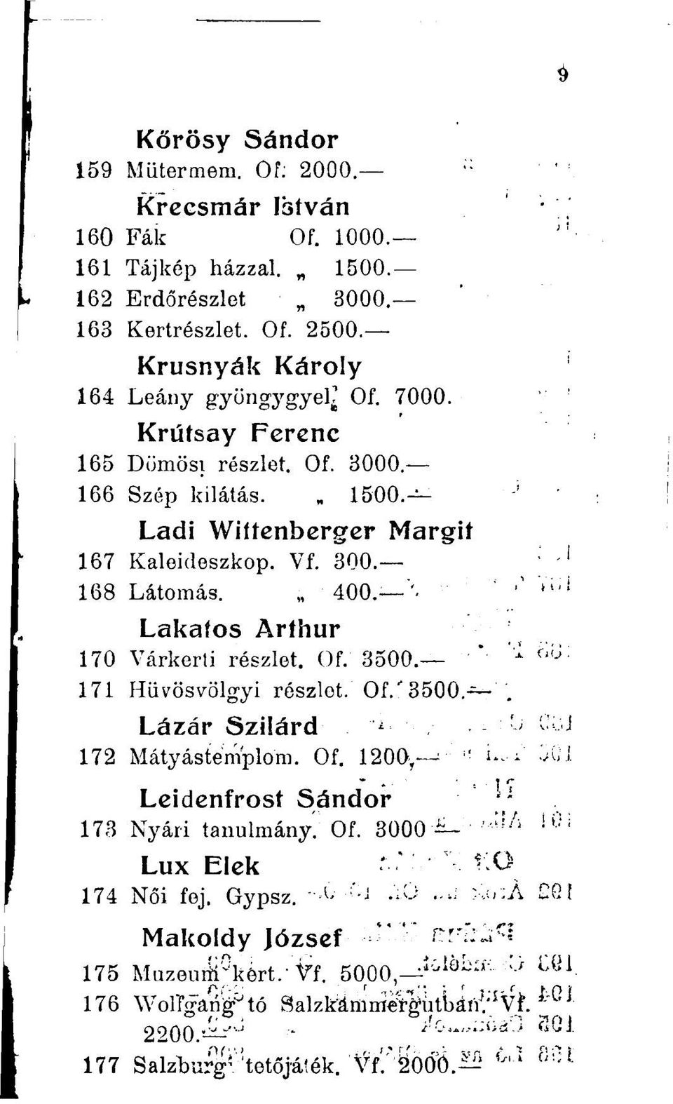 400. Lakafos Aríhur 170 Várkerti részlet. Of. 3500. ' 171 Hűvösvölgyi részlet. Of. 3500 Lázár Szilárd 172 Mátyástemplom. Of. 1200, - Leidenfrost Sándor 173 Nyári tanulmány.