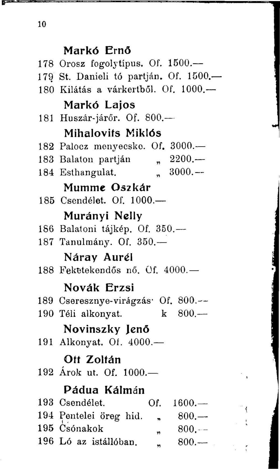 Murányi Nelly 186 Balatoni tájkép. Of. 350. 187 Tanulmány. Of. 350. Náray Aurél 188 Feketekendős nő. Of. 4000. Nóvák Erzsi 189 Cseresznye-virágzás - Of. 800.