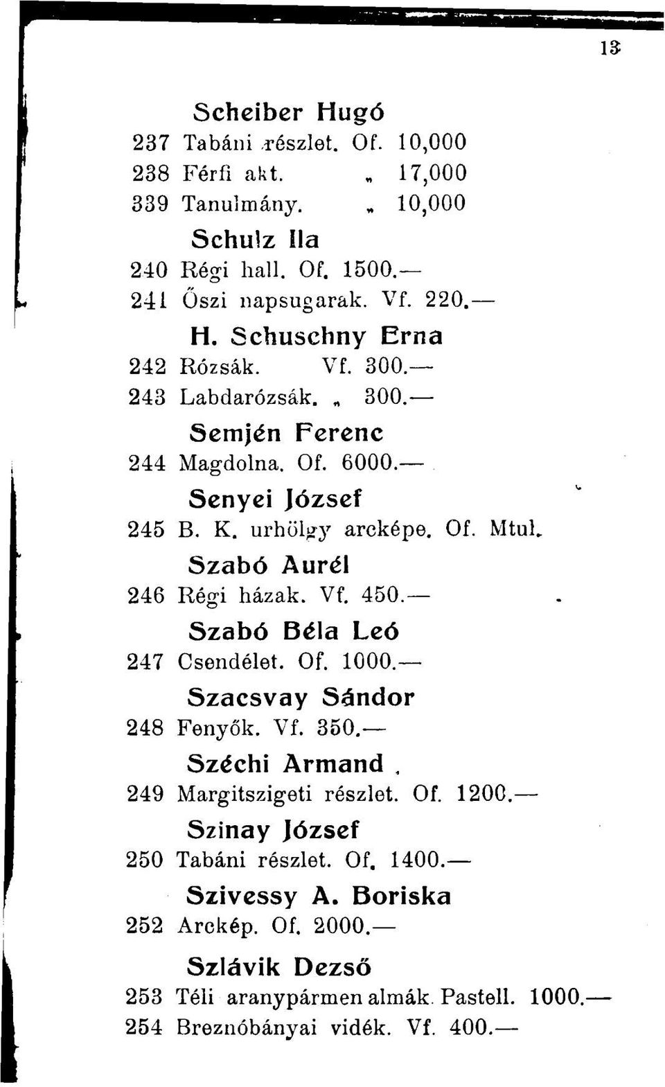 Szabó Béla Leó 247 Csendélet. Of. 1000 Szacsvay Sándor 248 Fenyők. Vf. 350. Széchi Armand 249 Margitszigeti részlet. Of. 1200. Szinay József 250 Tabáni részlet.