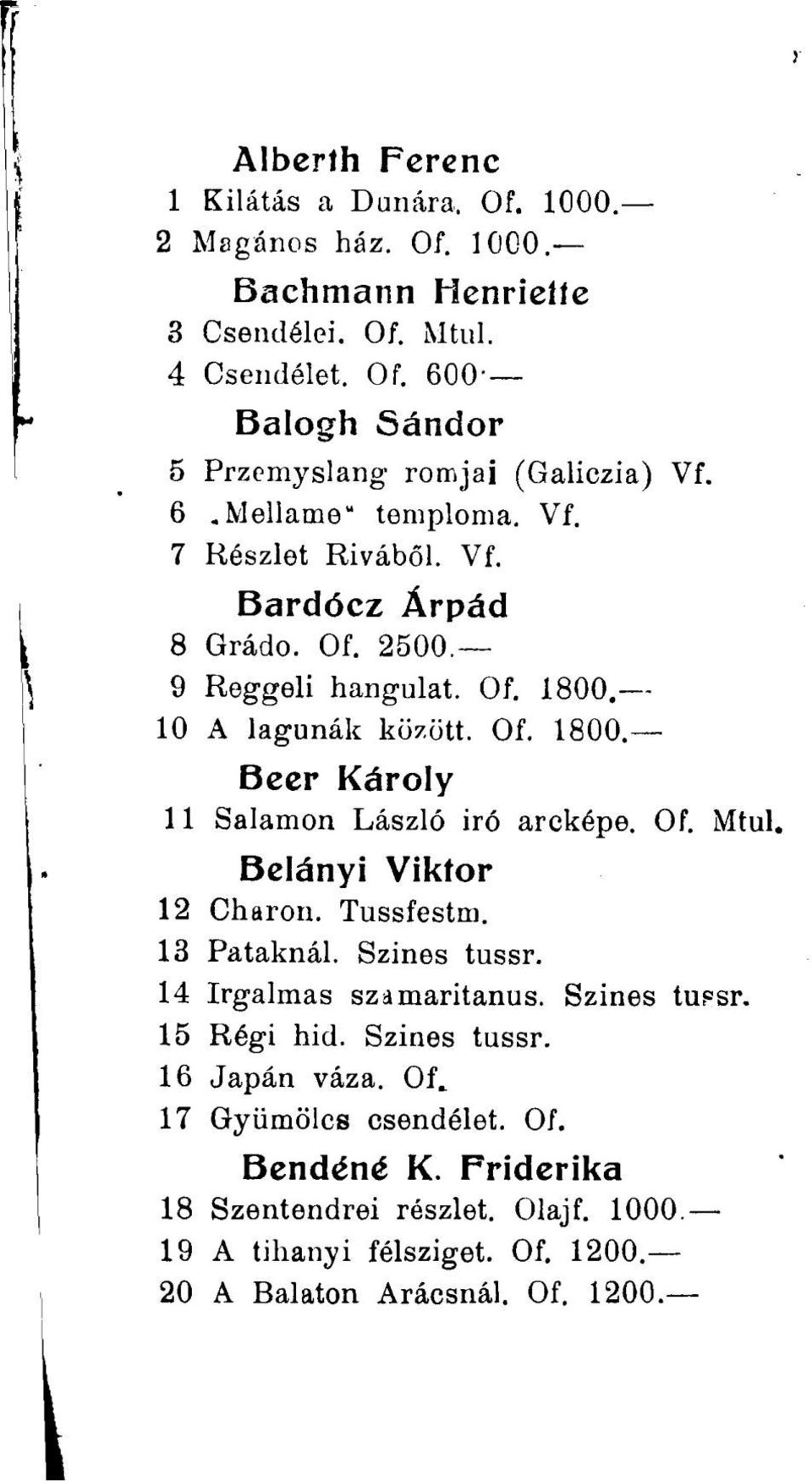 Of. Mtul Bclányi Viktor 12 Charon. Tussfestm. 13 Pataknál. Szines tussr. 14 Irgalmas szamaritanus. Szines tupsr. 15 Régi hid. Szines tussr. 16 Japán váza.