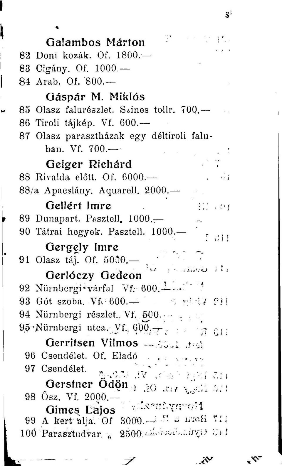 90 Tátrai hegyek. Pasztell. 1000. Gergely Imre 91 Olasz táj. Of. 5000. Gerlóczy Gedeon 92 Nürnbergi várfal v'f. 600. 93 Gót szoba. Vf. 600. 94 Nürnbergi részlet. Vf. 500. 9,5 Nürnbergi utca.