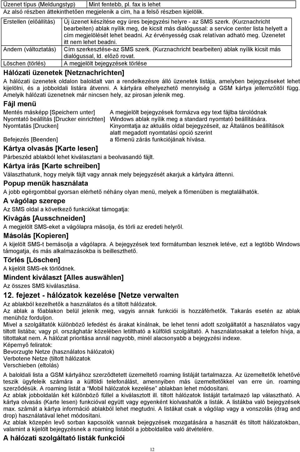 (Kurznachricht bearbeiten) ablak nyílik meg, de kicsit más dialógussal: a service center lista helyett a cím megjelölését lehet beadni. Az érvényesség csak relatívan adható meg.