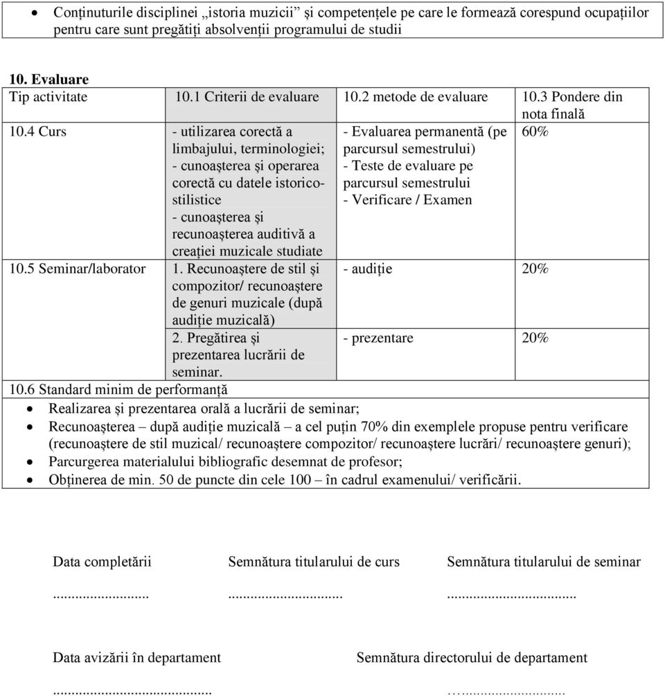 4 Curs - utilizarea corectă a limbajului, terminologiei; - cunoașterea și operarea corectă cu datele istoricostilistice - cunoașterea și recunoașterea auditivă a creației muzicale studiate 10.