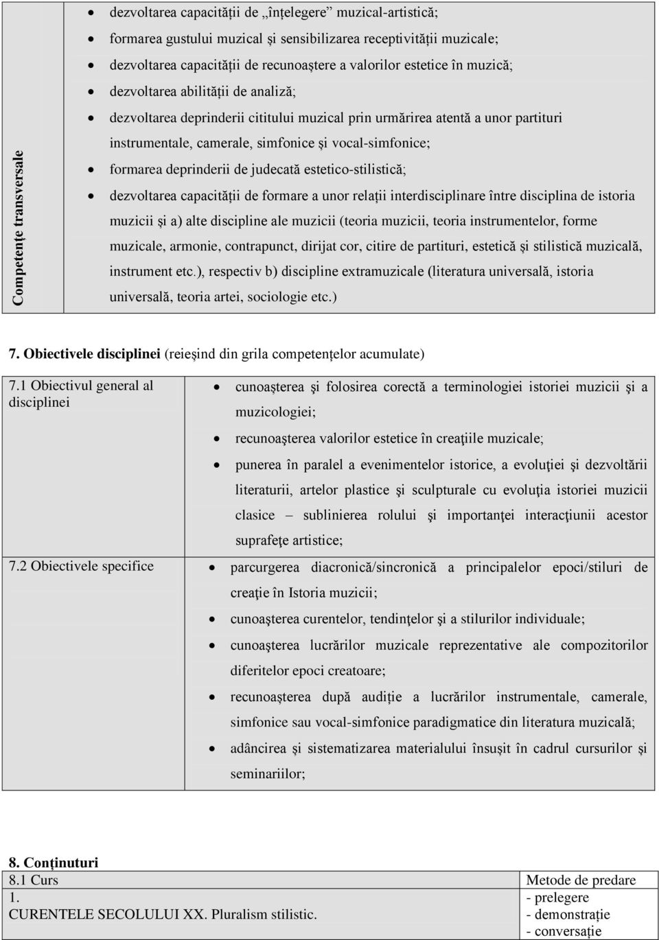 vocal-simfonice; formarea deprinderii de judecată estetico-stilistică; dezvoltarea capacității de formare a unor relații interdisciplinare între disciplina de istoria muzicii și a) alte discipline