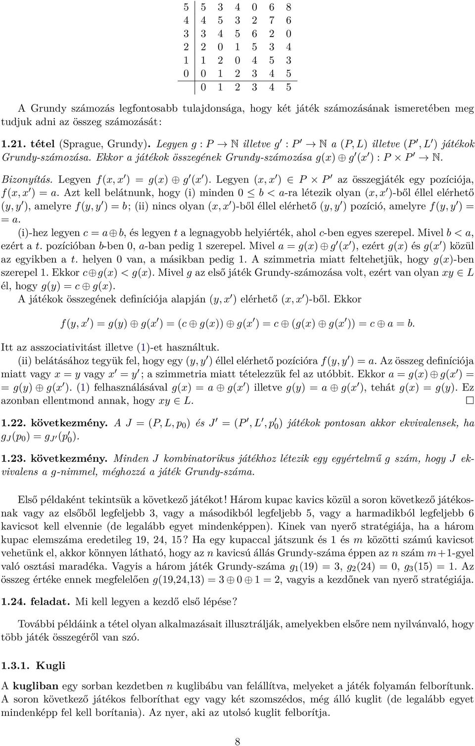 Bizonyítás. Legyen f(x, x ) = g(x) g (x ). Legyen (x, x ) P P az összegjáték egy pozíciója, f(x, x ) = a.