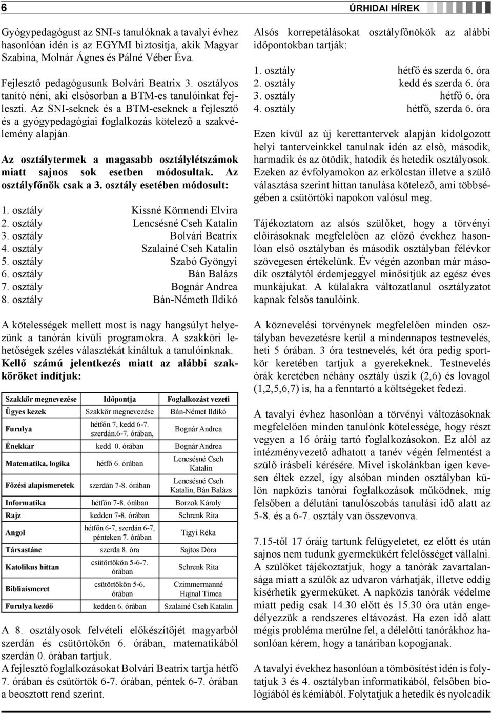 Az osztálytermek a magasabb osztálylétszámok miatt sajnos sok esetben módosultak. Az osztályfőnök csak a 3. osztály esetében módosult: 1. osztály Kissné Körmendi Elvira 2.