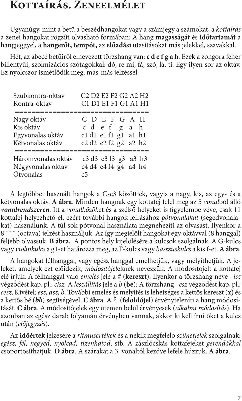 tempót, az előadási utasításokat más jelekkel, szavakkal. Hét, az ábécé betűiről elnevezett törzshang van: c d e f g a h.