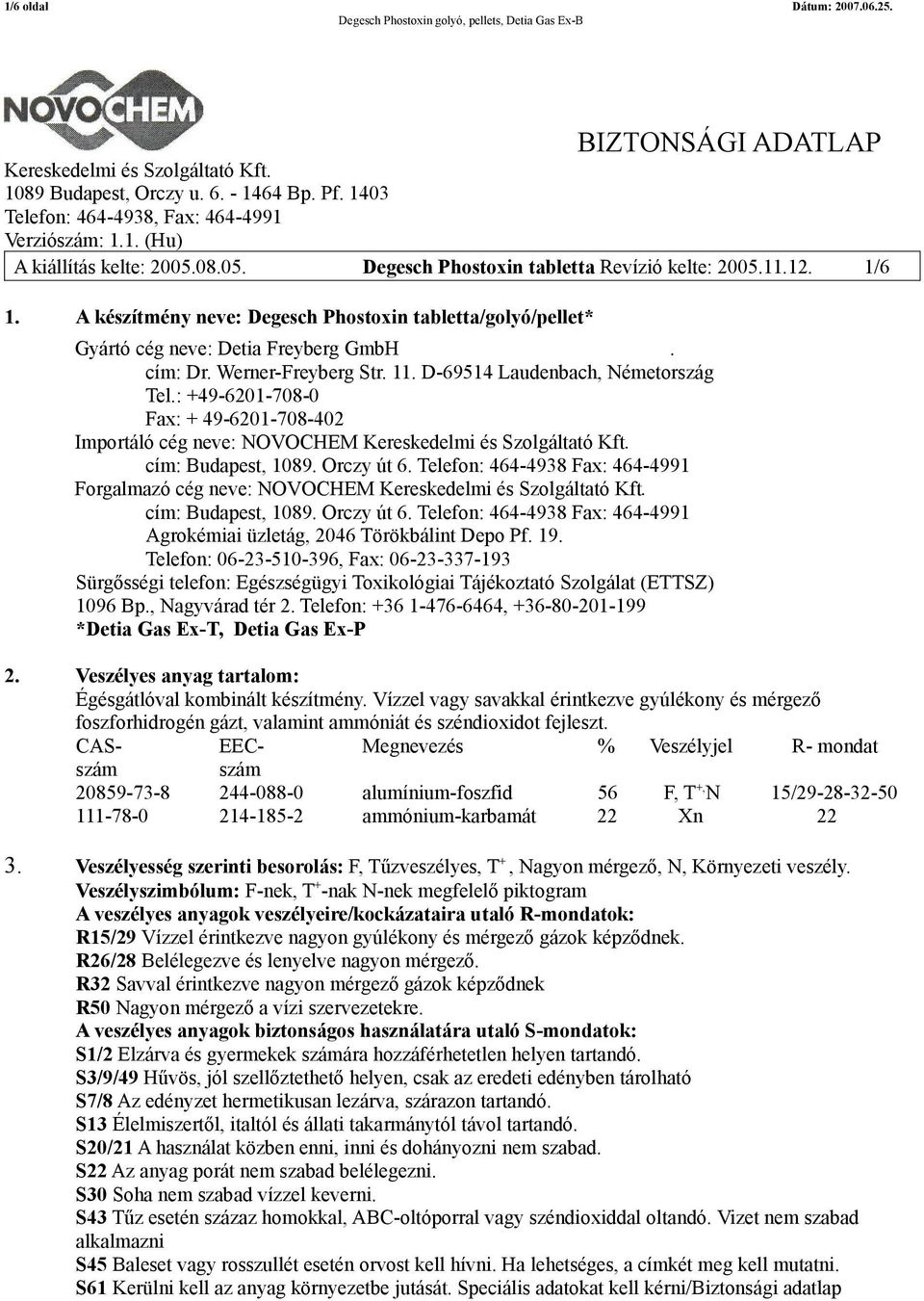 : +49-6201-708-0 Fax: + 49-6201-708-402 Importáló cég neve: NOVOCHEM cím: Budapest, 1089. Orczy út 6. Forgalmazó cég neve: NOVOCHEM cím: Budapest, 1089. Orczy út 6. Agrokémiai üzletág, 2046 Törökbálint Depo Pf.