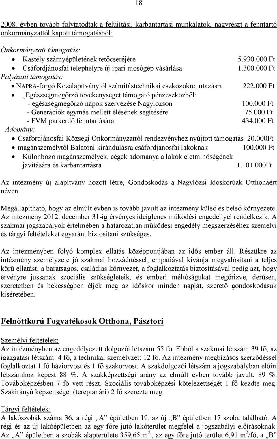 000 Ft Egészségmegőrző tevékenységet támogató pénzeszközből: - egészségmegőrző napok szervezése Nagylózson 100.000 Ft - Generációk egymás mellett élésének segítésére 75.