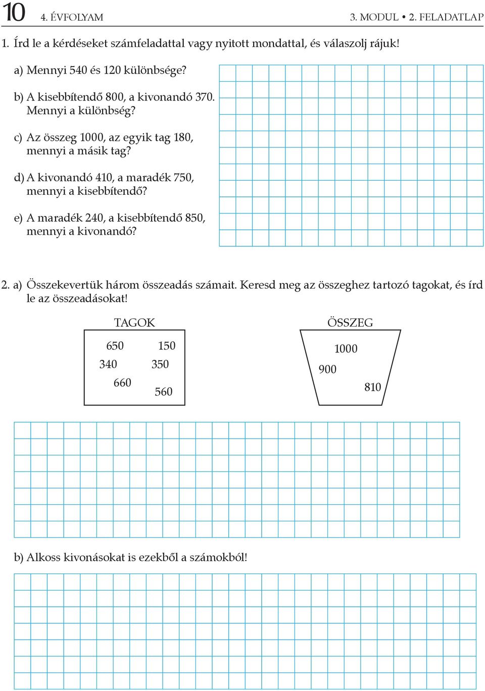 d) A kivonandó 410, a maradék 750, mennyi a kisebbítendő? e) A maradék 240, a kisebbítendő 850, mennyi a kivonandó? 2. a) Összekevertük három összeadás számait.