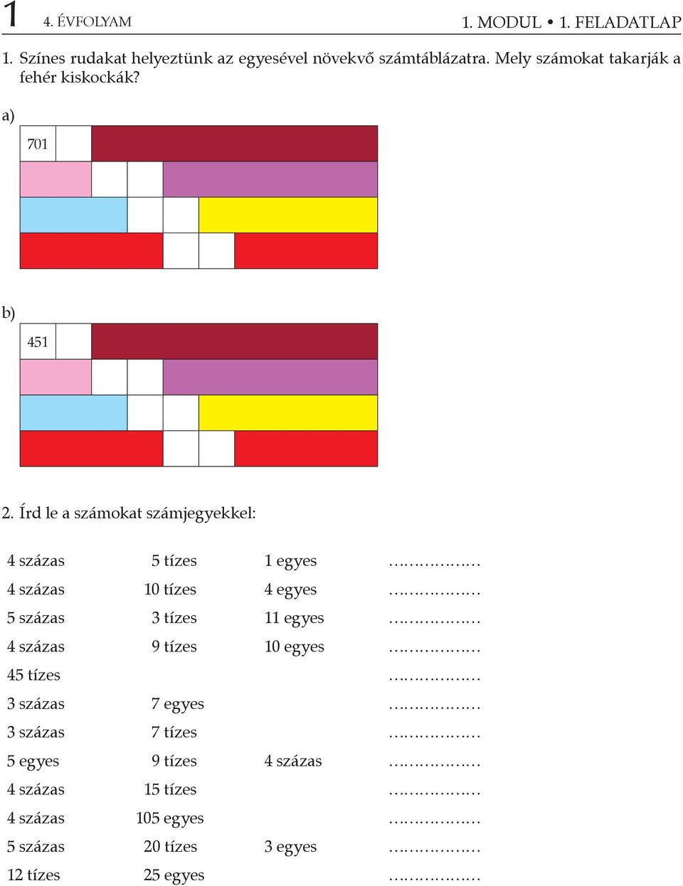 Írd le a számokat számjegyekkel: 4 százas 5 tízes 1 egyes 4 százas 10 tízes 4 egyes 5 százas 3 tízes 11 egyes 4